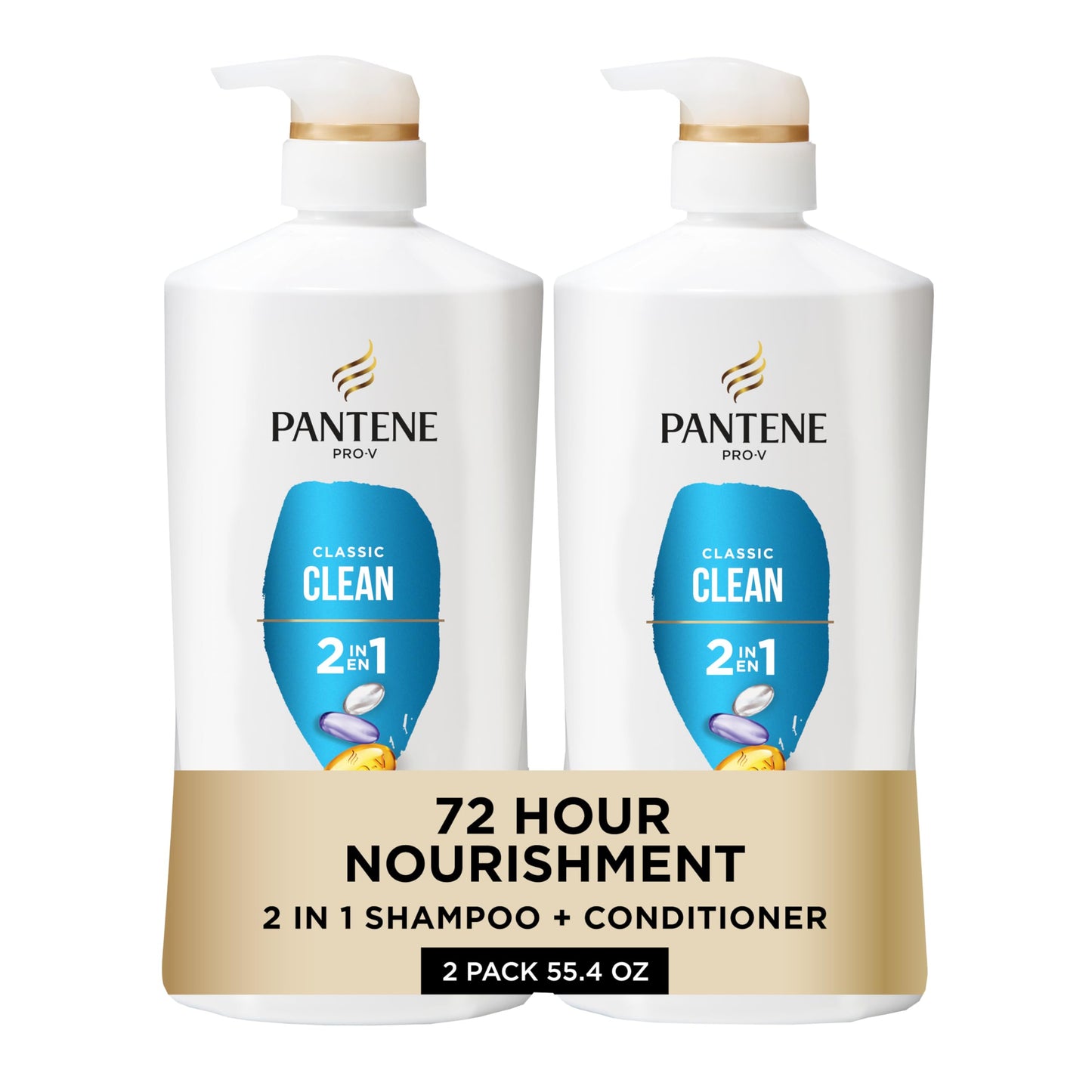Pantene 2-in-1 Classic Clean Shampoo & Conditioner | Pro-V Nutrients for Dry, Color-Treated Hair | 27.7 Oz, 2-Pack + 0.5 Oz Rescue Shot