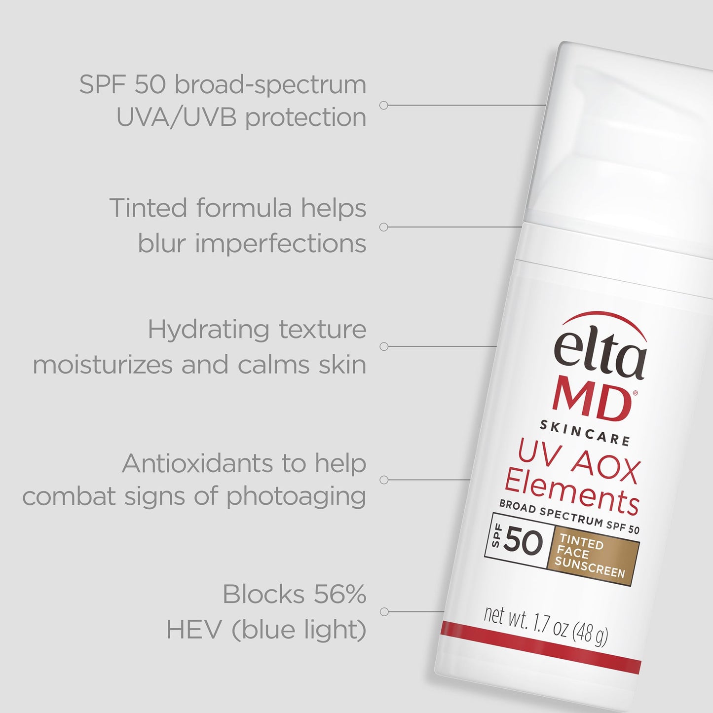 EltaMD UV AOX Elements Tinted Mineral Face Sunscreen Lotion, Tinted Moisturizer for Face SPF 50 with Antioxidants, For Dry Sensitive Skin 1.7 oz Pump