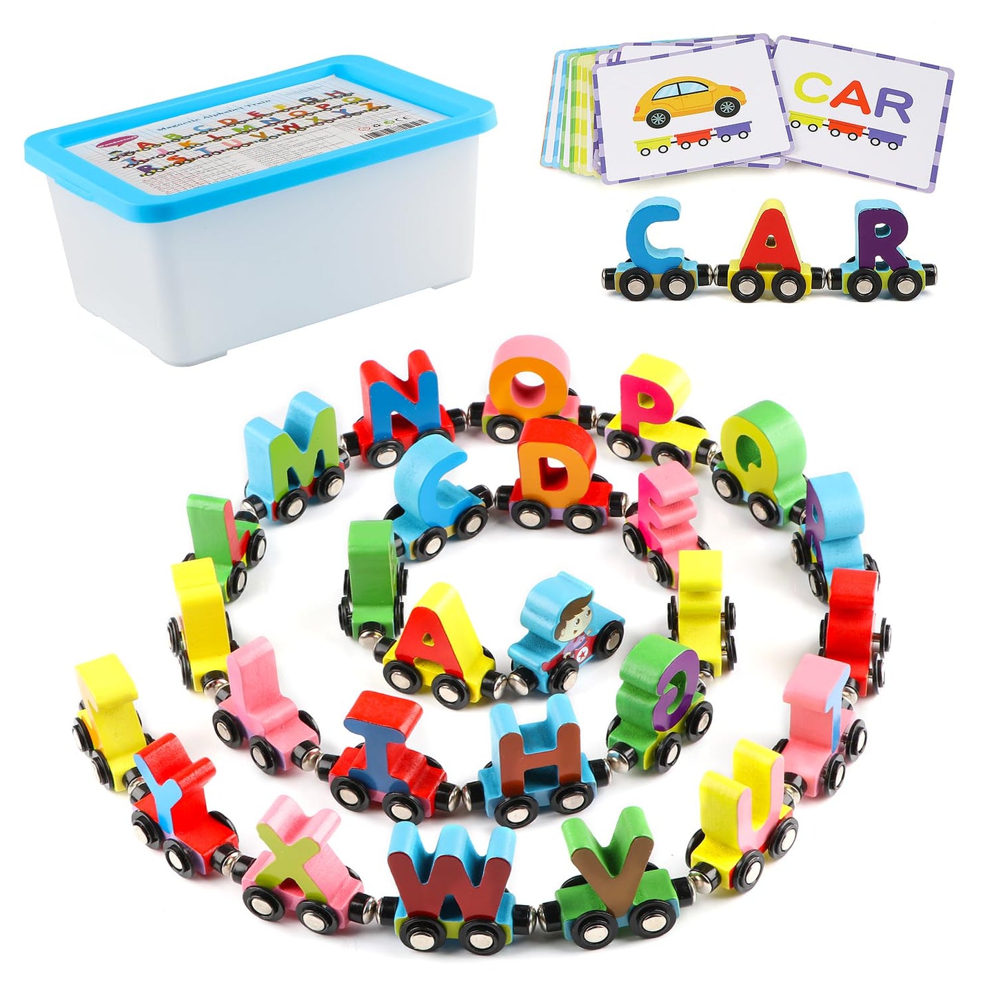 Wondertoys Wooden Alphabet Train Toy 27PCS Magnetic ABC Letters with 42 Flash Cards, Engine & Storage Box for Toddlers & Kids