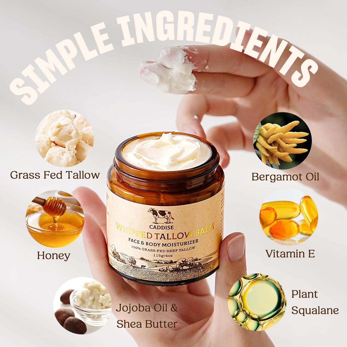 Whipped Grass-Fed Beef Tallow Cream – Handmade Natural Moisturizer with Honey, Shea & Jojoba Oil, Non-Greasy Nourishing Skin Care, 4oz