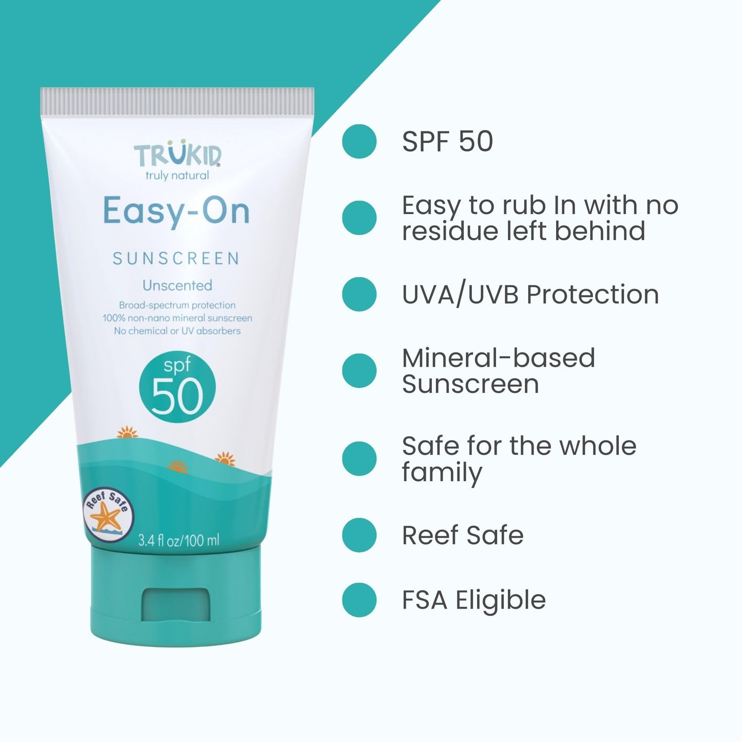TruKid Easy On Mineral Sunscreen SPF 50 – Natural Kids & Baby Sunblock for Face & Body, Non-Toxic Zinc Oxide, Unscented, Sensitive Skin, 3.4oz FSA Eligible