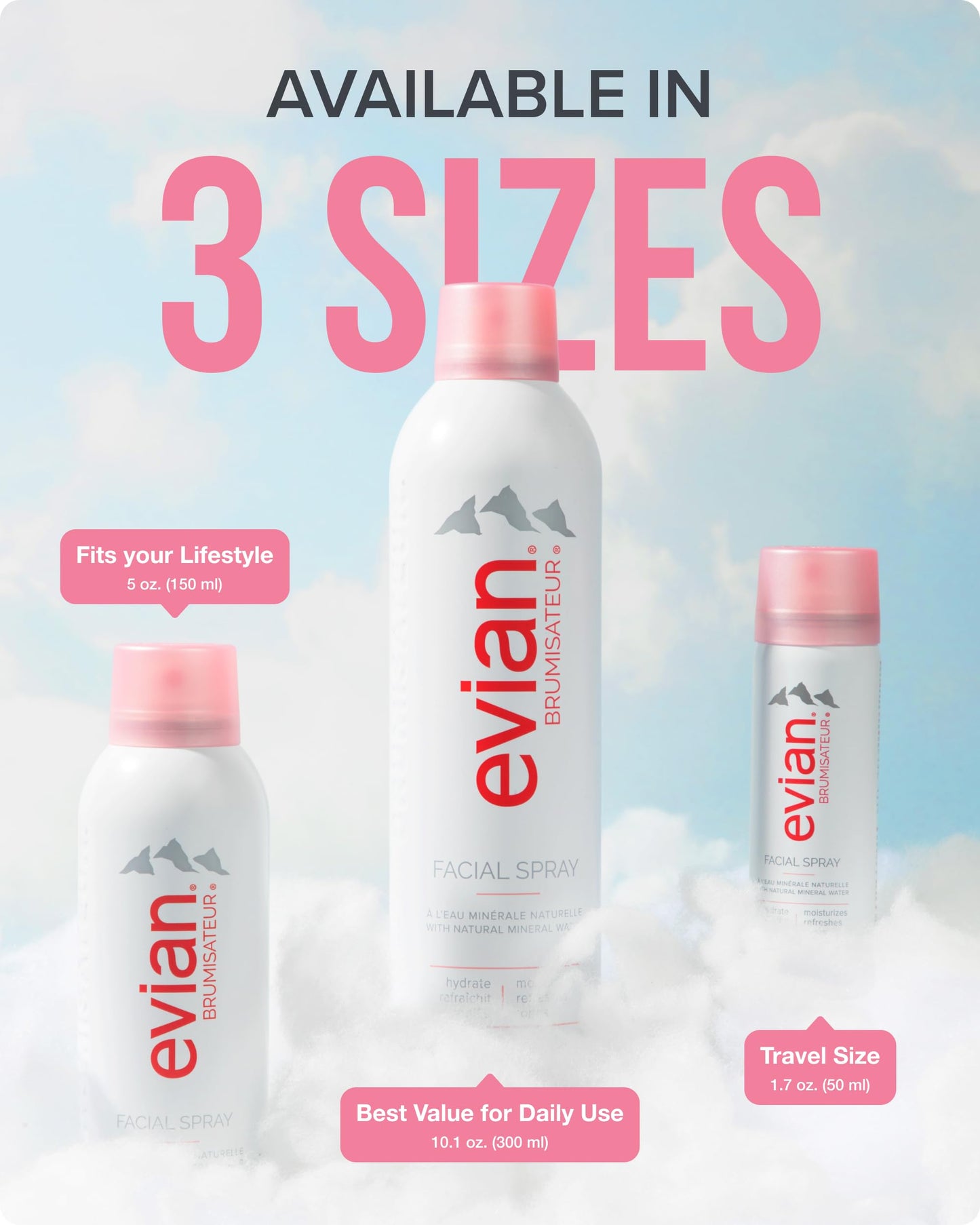 Evian Facial Spray Travel Trio 1.7 oz – Hydrating Mineral Water Mist for Face & Skin, Refreshes Makeup, TSA-Approved Mini Spray