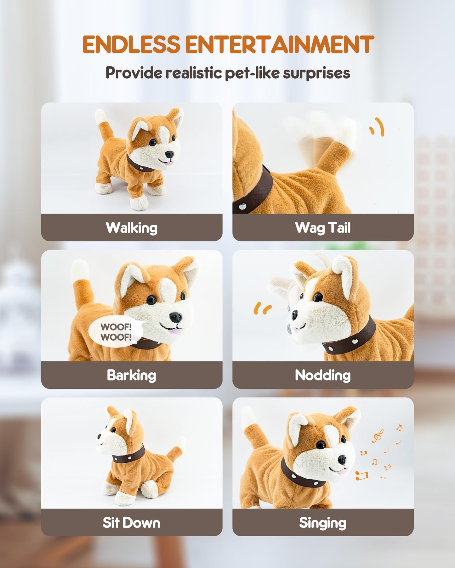 Airbition Interactive Plush Puppy Dog Toy with Remote, Walking Barking Tail Wagging Stuffed Animal + 11 Accessories for Kids Ages 2–4