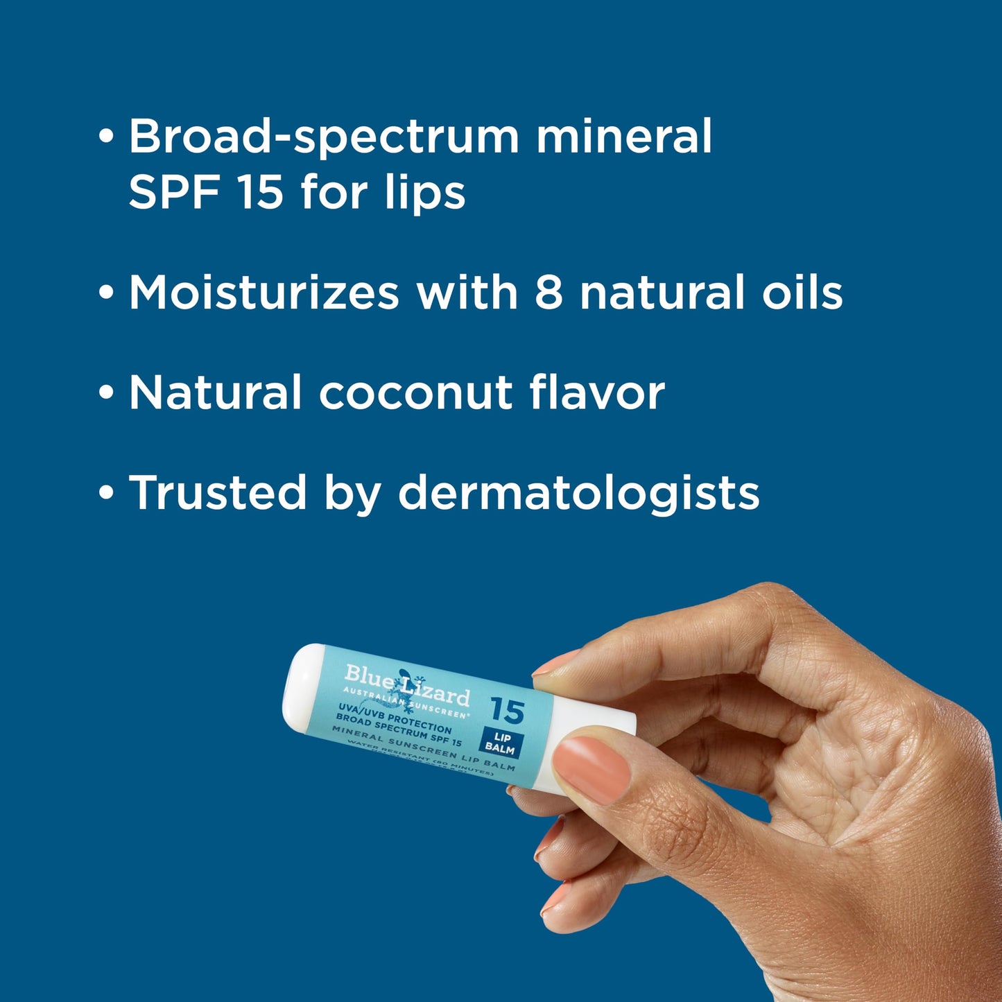 BLUE LIZARD Mineral SPF 15 Lip Balm 3-Pack – Broad Spectrum Protection, Natural Coconut Flavor, with Kakadu Plum & 8 Natural Oils, Vegan, 0.13 oz Each