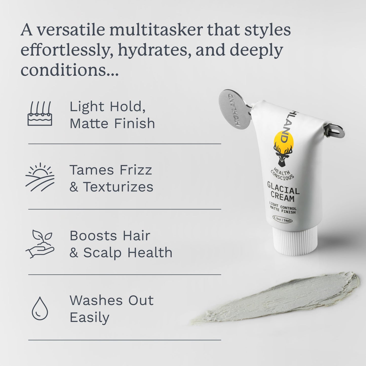 Highland Glacial Cream 2.5 oz โ Multi-Use Hair Styling Cream to Smooth, De-Frizz, Texturize & Enhance Curls โ Natural, Plant-Derived Formula for All Hair Types