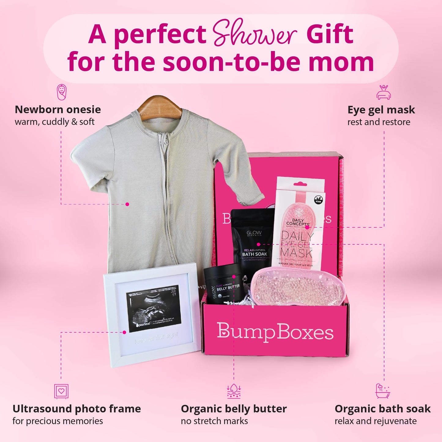 Bump Boxes 2nd Trimester Gift Set, Complete Pregnancy Care Package with Belly Butter, Bath Soak, Baby Footed Sleeper, Sonogram Frame and Eye Mask