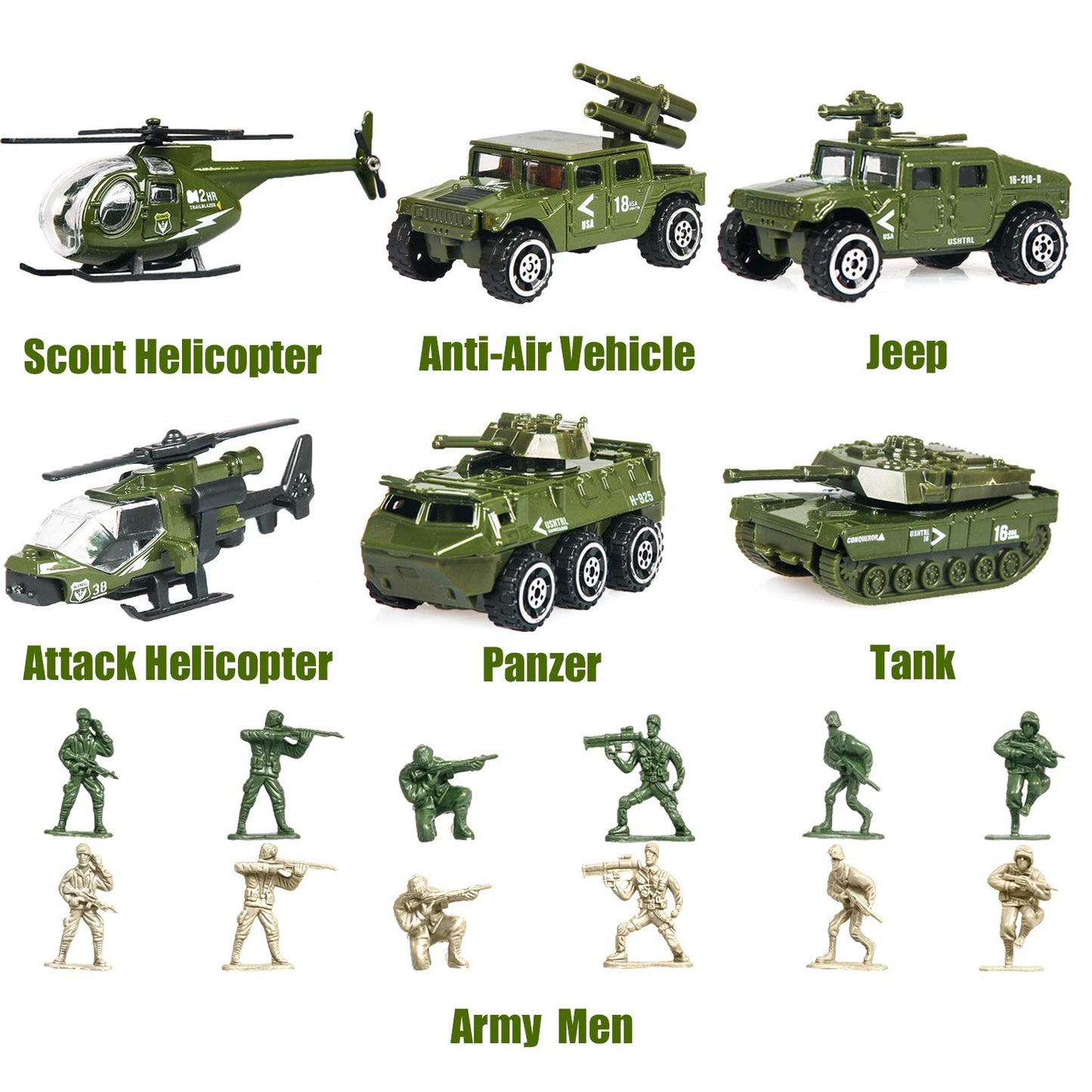18-Piece Military Toy Set for Kids – 6 Die-Cast Vehicles & 12 Soldier Figures, Includes Tanks, Helicopters & Army Play Vehicles