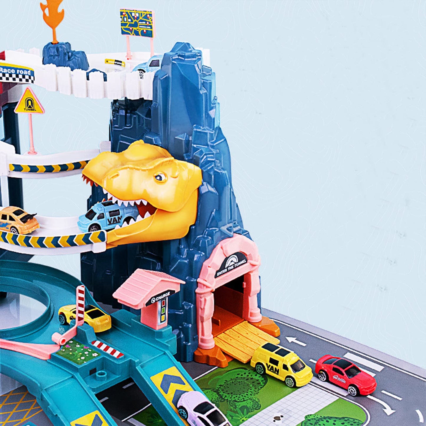 Dinosaur Hill Toy Car Ramp Track Playset with 12 Mini Racer Cars, Colorful Rails & Climbing Hills for Kids Ages 3+