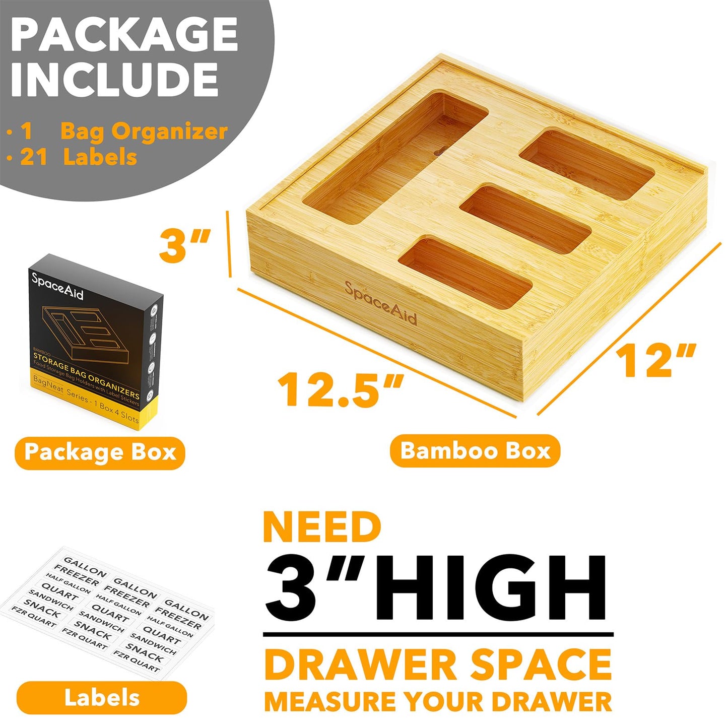 SpaceAid Bag Storage Organizer for Kitchen Drawer, Bamboo Organizer, Compatible with Gallon, Quart, Sandwich and Snack Variety Size Bag (1 Box 4Slots)
