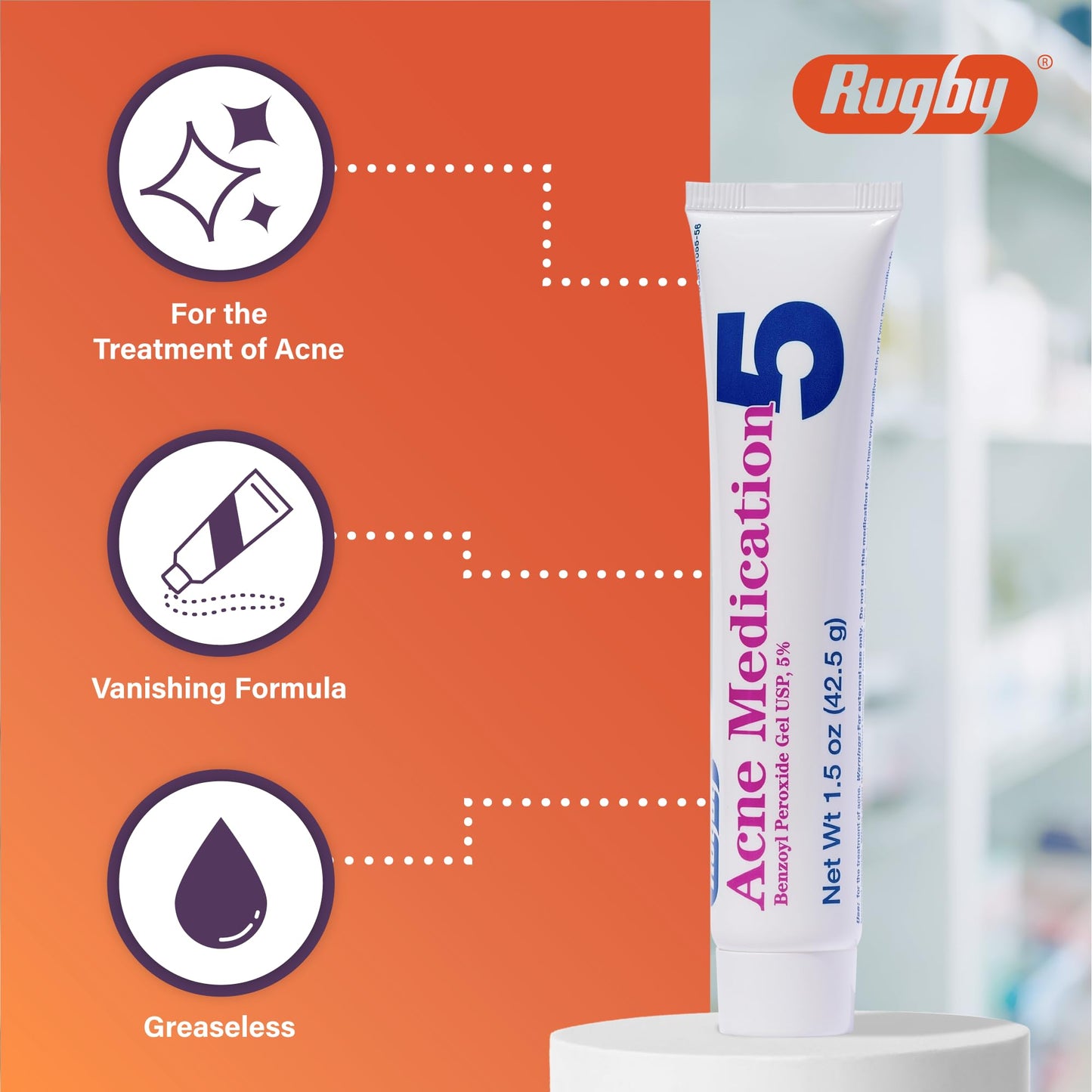 Rugby Acne Medication - Benzoyl Peroxide Gel USP 5% - Vanishing Formula - Greaseless - Helps to Clear Up Acne Pimples - 1.5 Oz. (3 Pack)