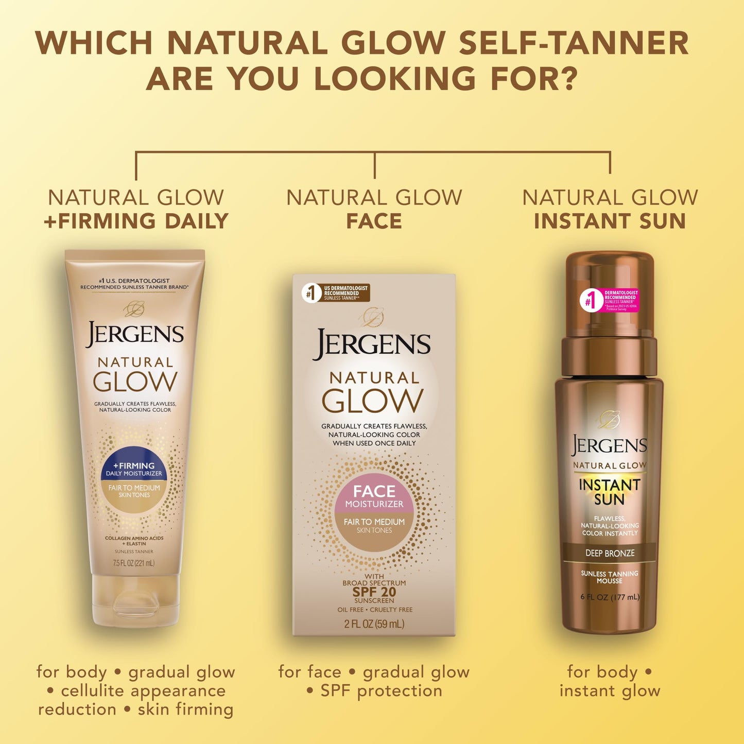 Jergens Natural Glow + Firming Self-Tanner Lotion for Fair to Medium Skin – Sunless Moisturizer with Collagen & Elastin, Reduces Cellulite, 7.5 Fl Oz