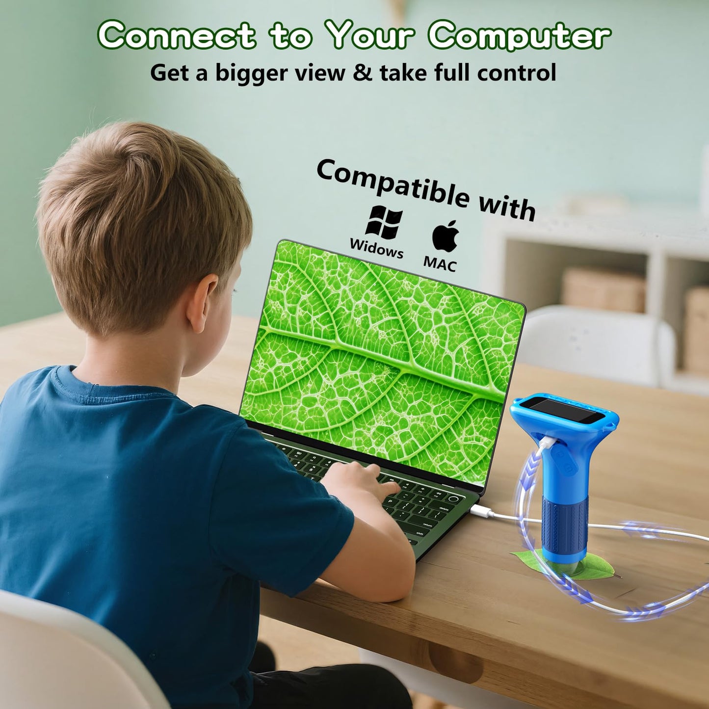 Odatay Kids Microscope 100X-1000X, 1080P Digital Handheld with 12 Slides, Mini Portable Science Toy Gift for Ages 3-12, Blue