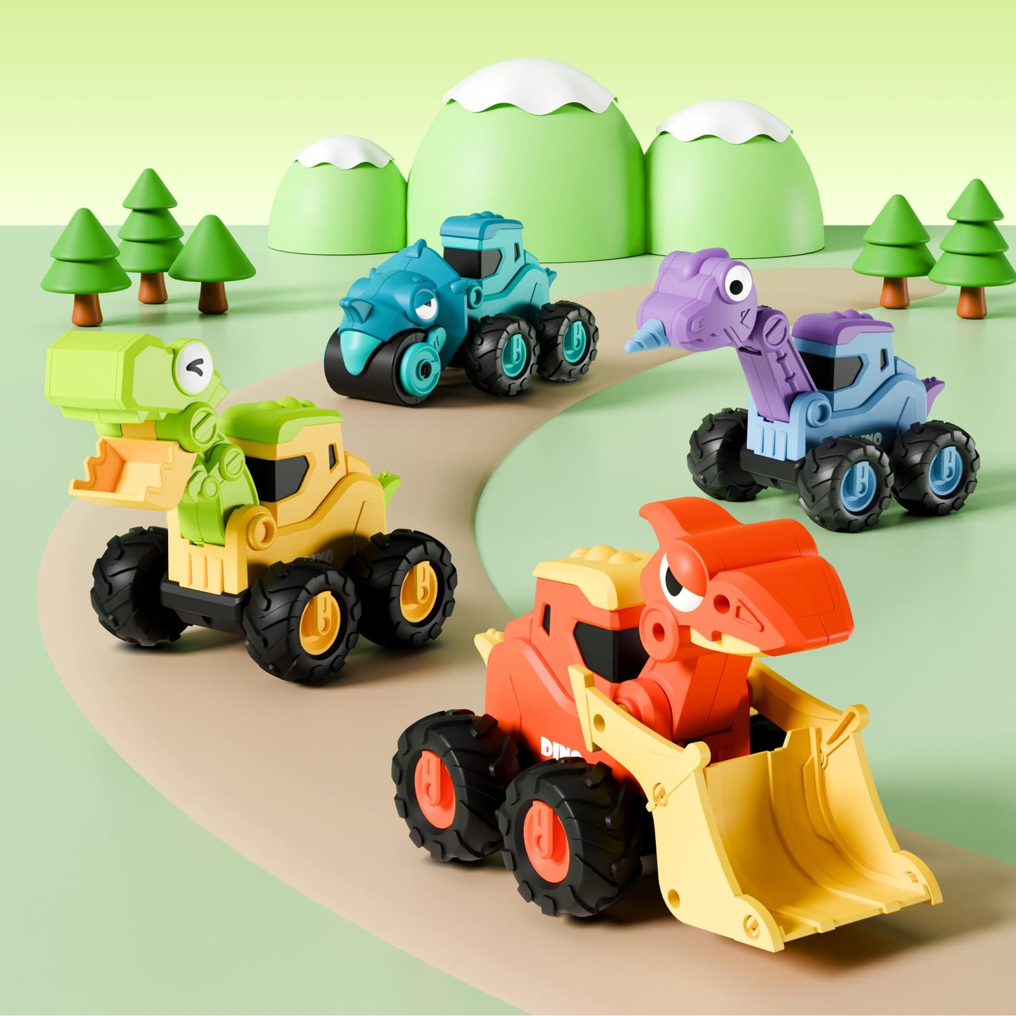iPlay iLearn Dinosaur Truck Toys for Toddlers – Dino Push & Go Cars, Construction Sandbox Vehicles, Friction Car Set, Gift for Ages 18M-5Y
