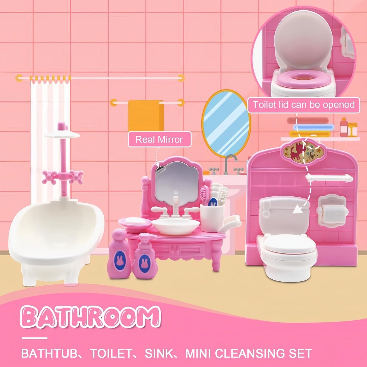 36Pcs Miniature Dollhouse Furniture Set 1:12 Scale with Cat & Dog - Kitchen, Living, Dining, Bedroom Accessories for Playhouse Toy (Pink)