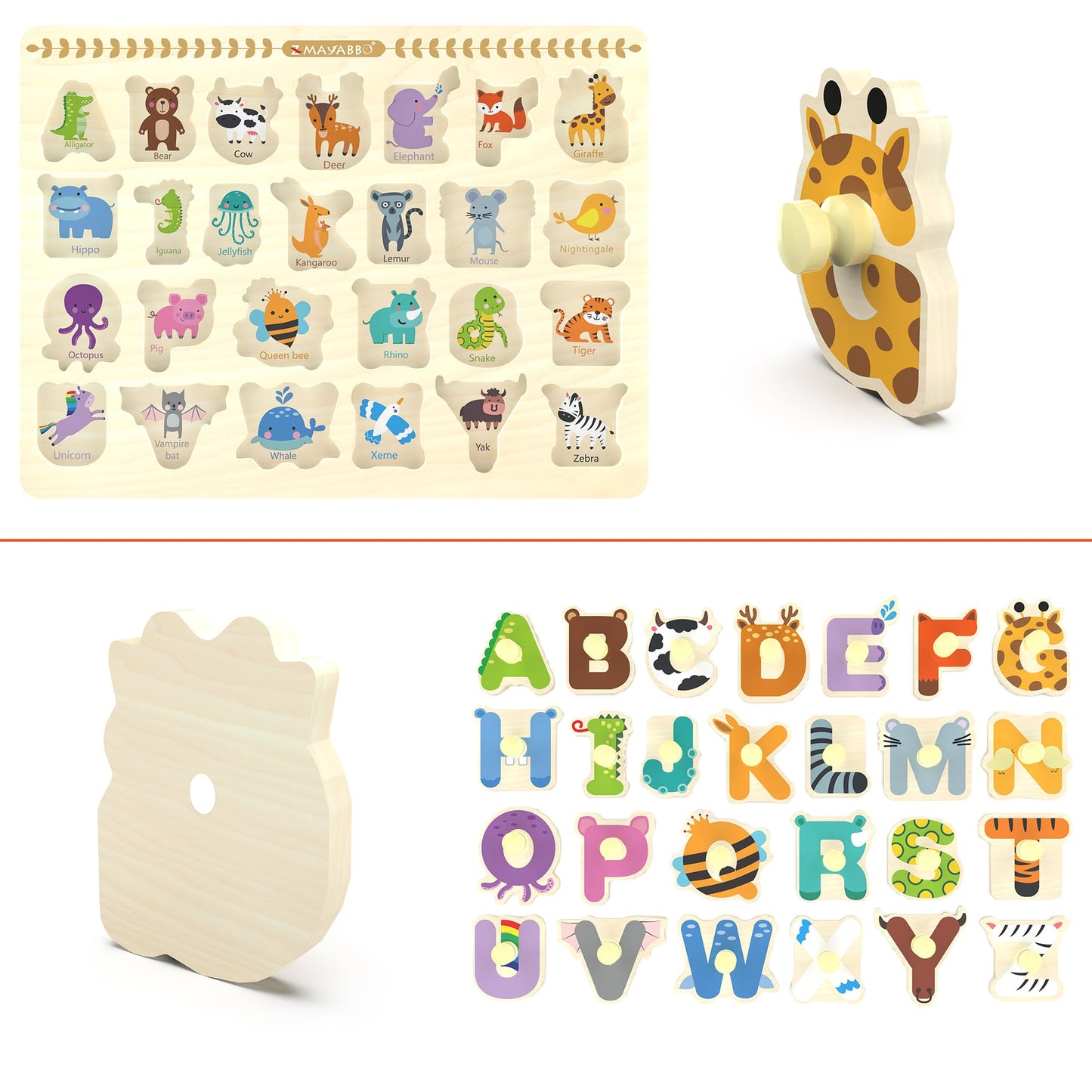 Wooden Alphabet Peg Puzzle for Toddlers – Knob Board, ABC Shape & Learning Toy, Chunky Preschool Puzzle for Boys & Girls Ages 2-4