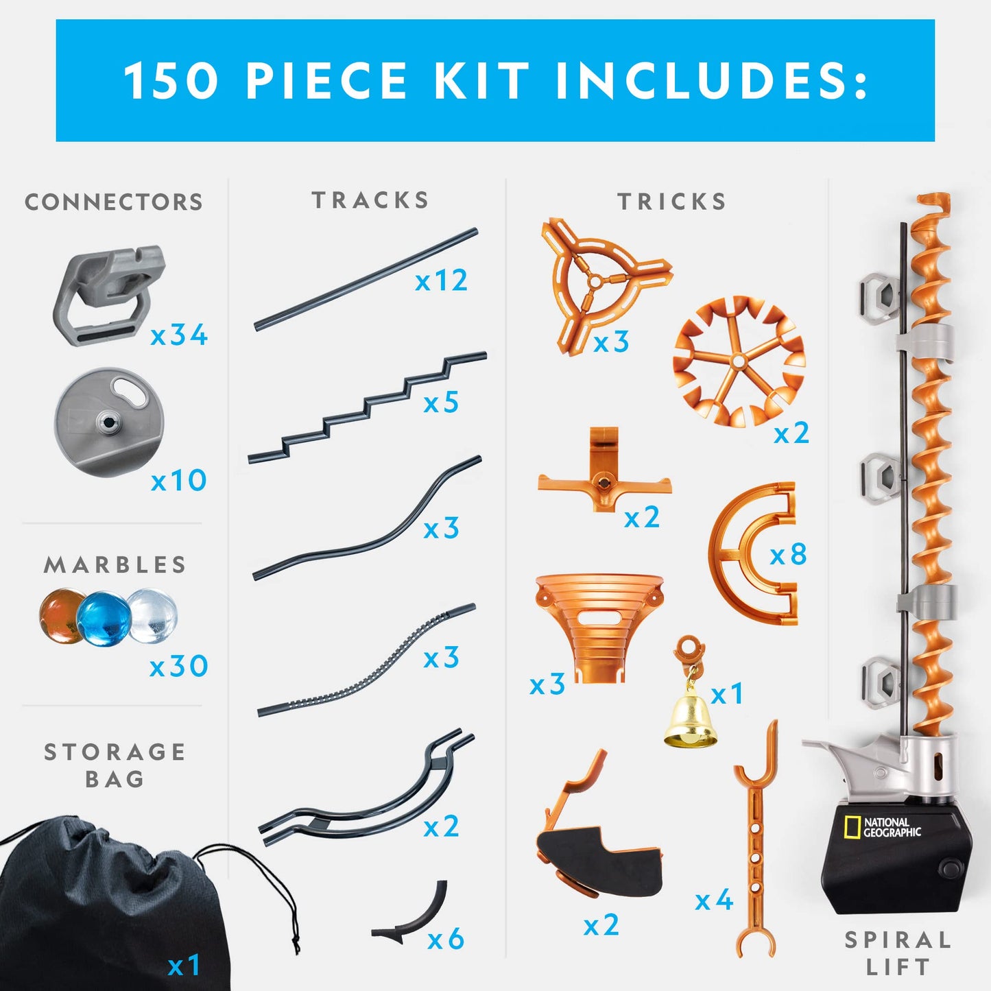 National Geographic Magnetic Marble Run - 150-Piece STEM Building Set with Marbles, Magnetic Track & Trick Pieces for Kids & Adults