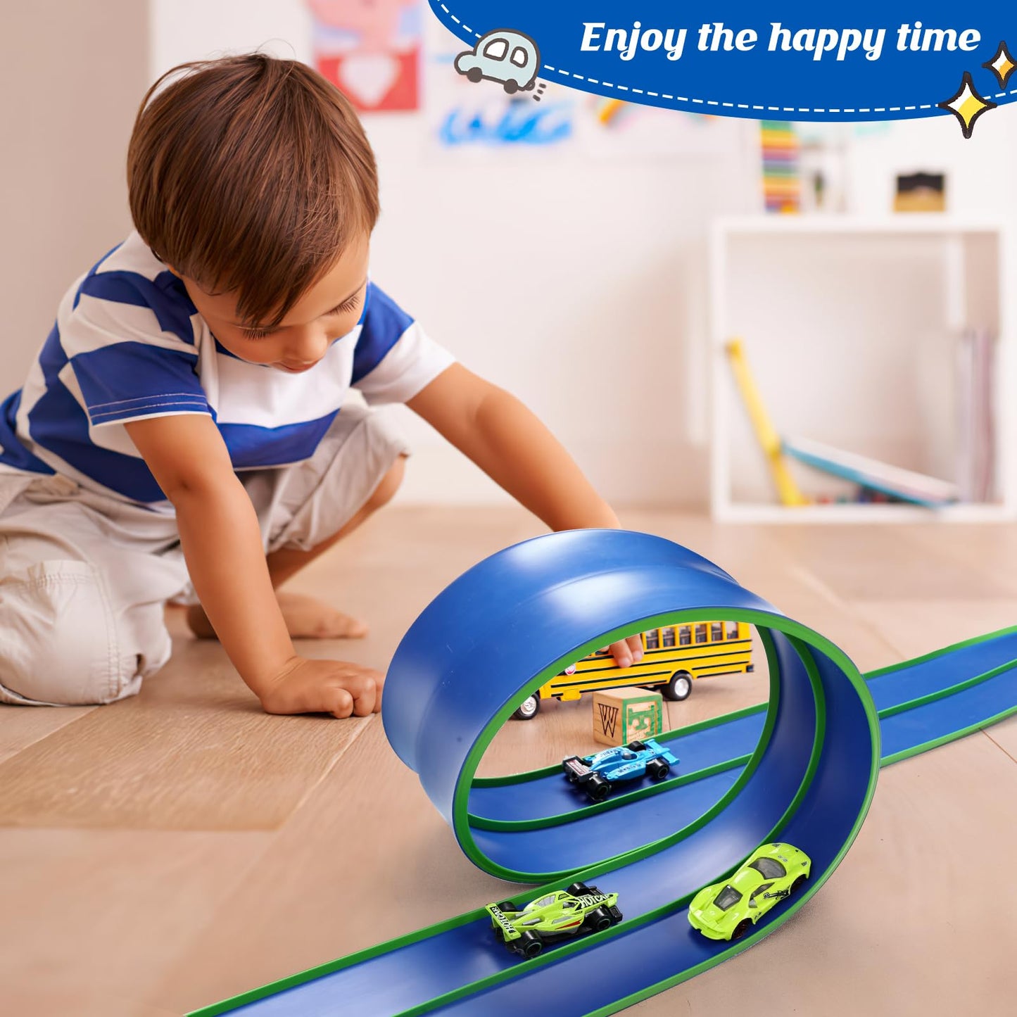 Flexible 15ft Race Car Track Starter Set with Suction Cups, 1:64 Diecast Cars, Portable Roll-Up Racetrack for Kids Ages 3+ (Blue & Green)