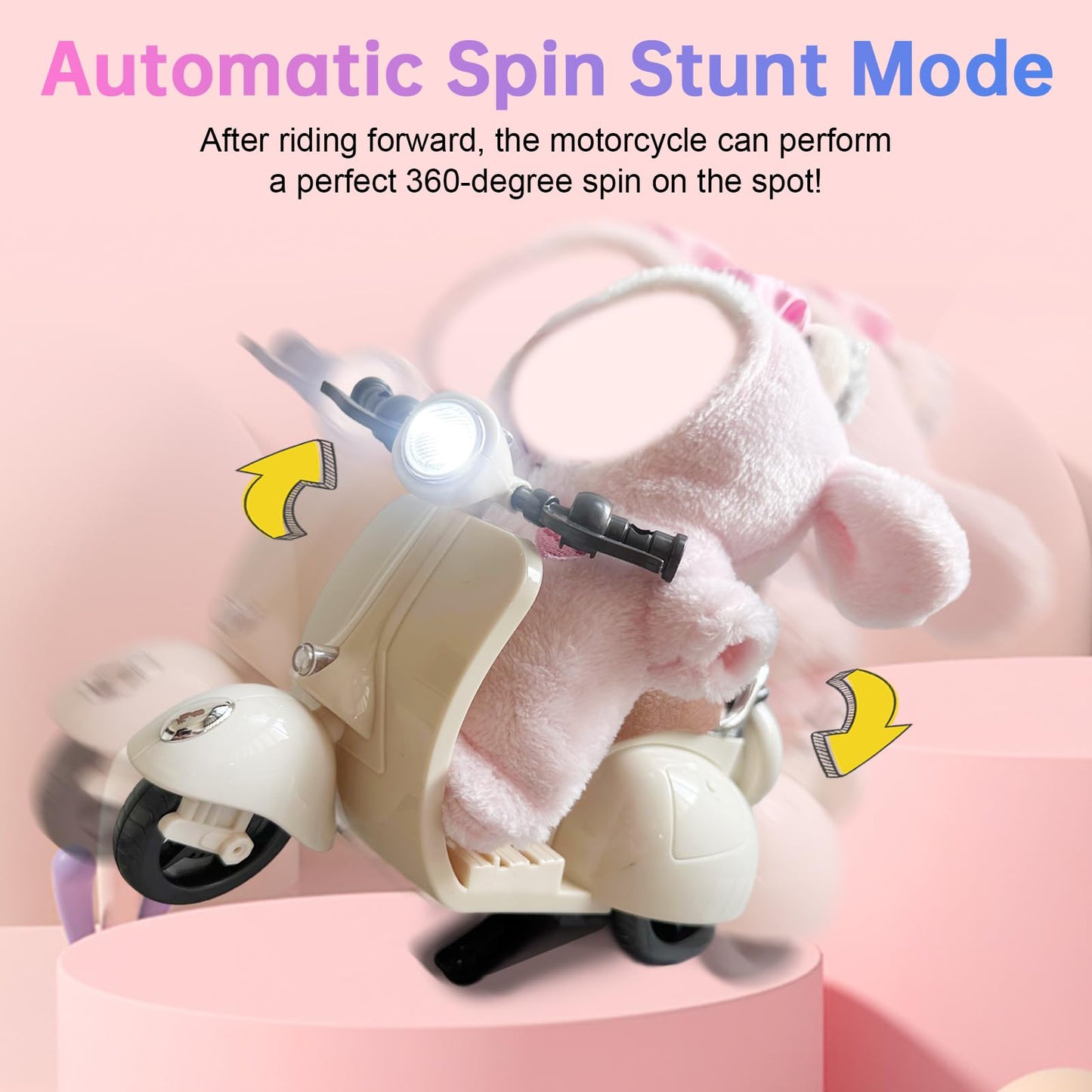 Light-Up Musical Doll Scooter with 360° Rotating Seat – Cute White Motorcycle Accessory for Doll Collectors, Batteries Not Included