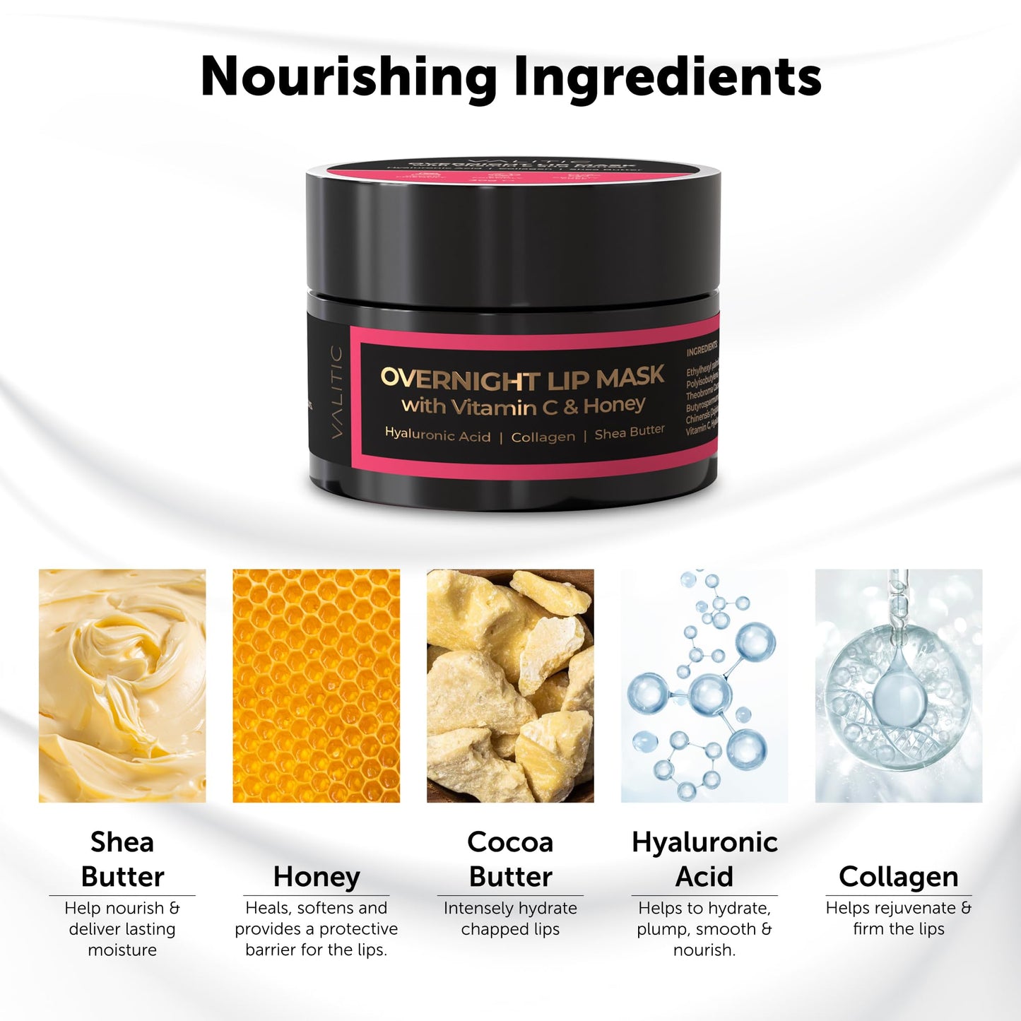 Valitic Overnight Lip Mask Butter – Hydrating Lip Balm for Dry Lips with Honey, Vitamin C, Hyaluronic Acid & Collagen, 2 Pack, 30g