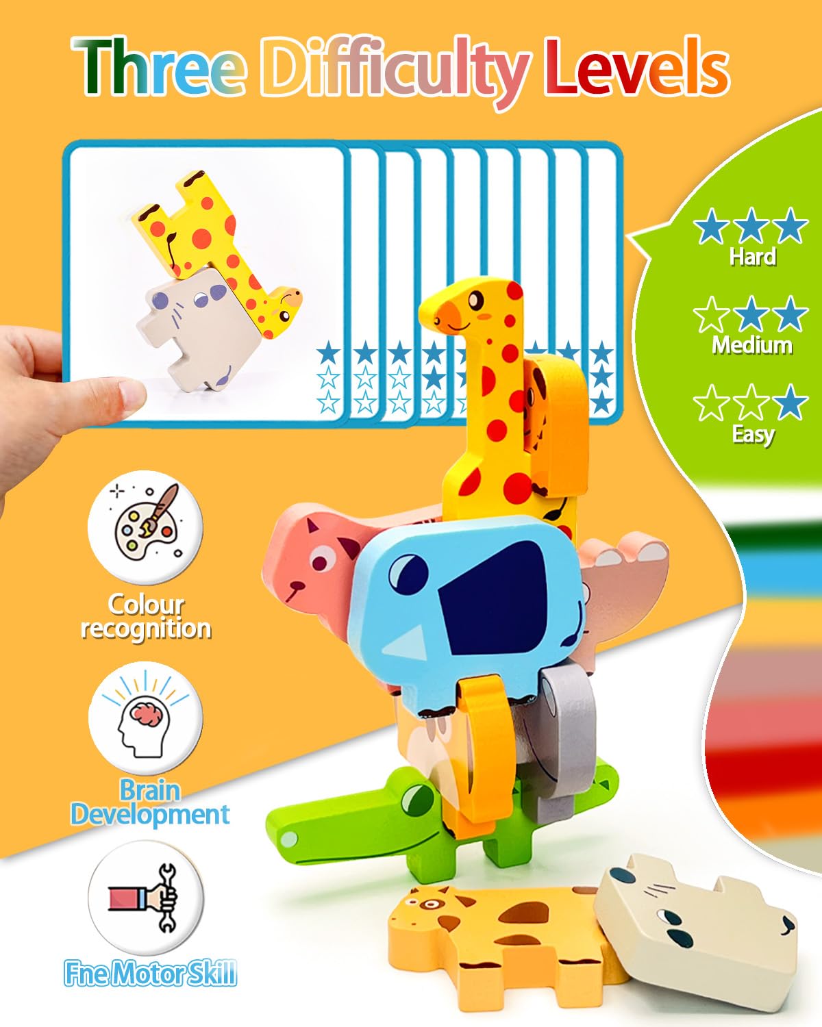 Cowcowcow Montessori Wooden Toys for Toddlers 1-4, 10-Pc Animal Blocks Sorting & Stacking Educational Puzzle, Birthday Gift