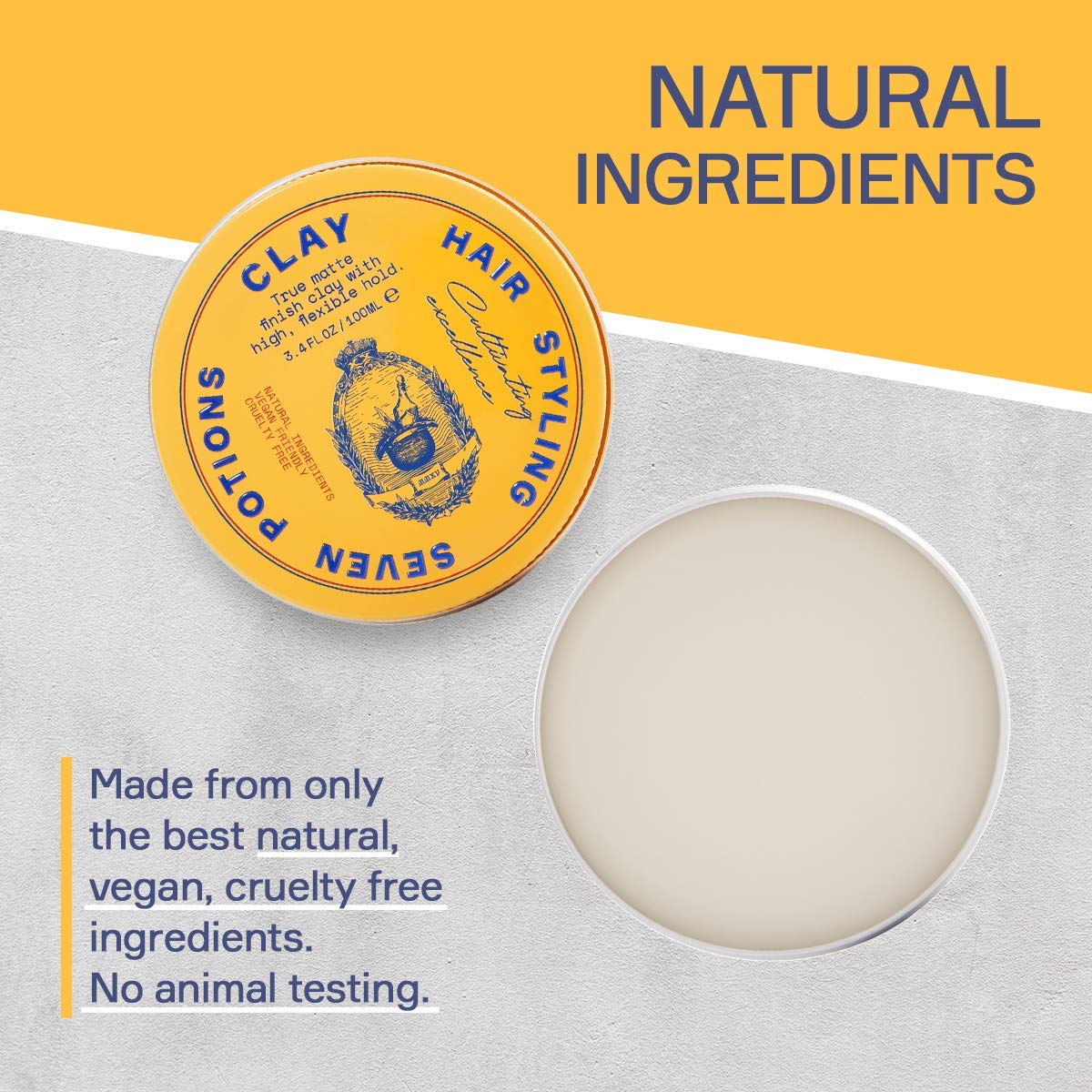 SEVEN POTIONS Hair Clay for Men & Women 3.4 fl oz | High Hold, No Shine Pomade | Water-Based, Natural, Vegan & Cruelty-Free Styling Clay