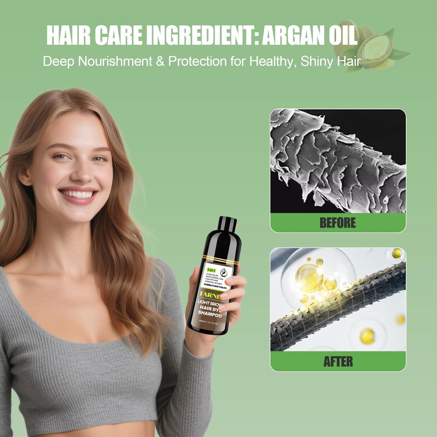 FARNDU 3-in-1 Light Brown Hair Dye Shampoo with Argan Oil – Covers Gray in 10-15 Min, Long-Lasting Natural Color for Men & Women, Up to 6 Months