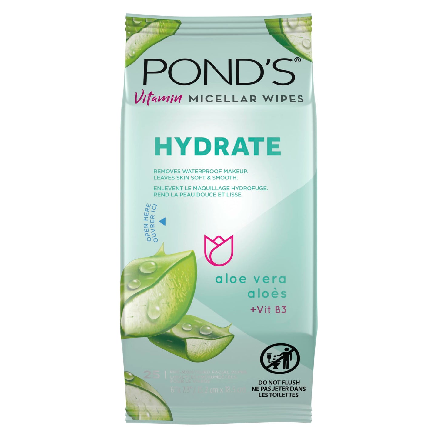 Pond's Vitamin Micellar Wipes For Dry Skin Hydrate Aloe Vera Removes Waterproof Makeup 25 Wipes