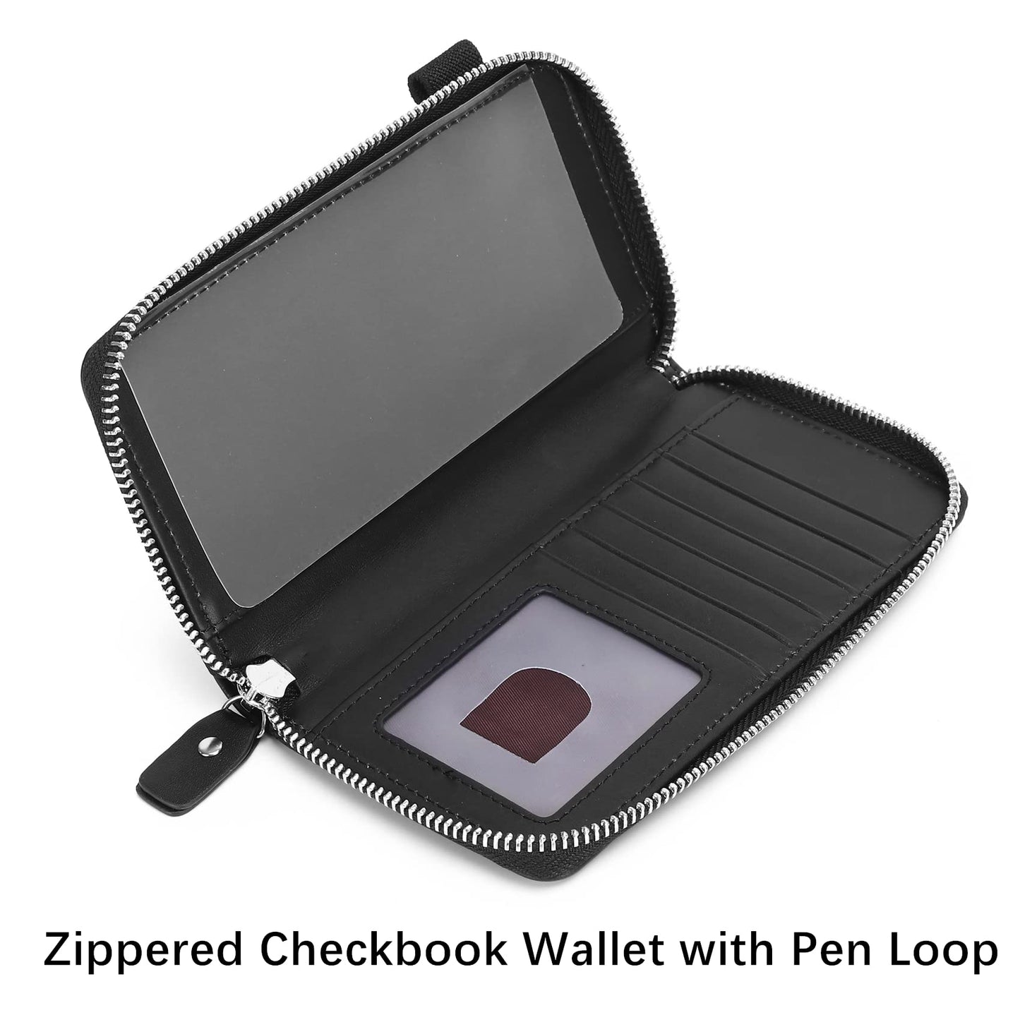Genuine Leather Zipper Checkbook Cover with Divider & Card Holder Italian Calfskin, For Men & Women, Deluxe Check Holder RFID Blocking