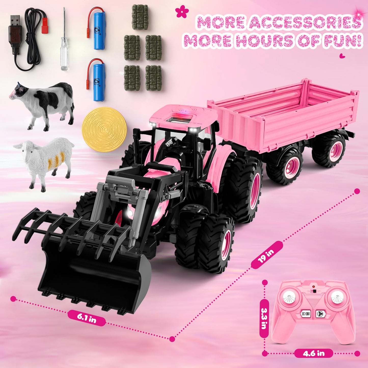 Remote Control Tractor Toy 2025 – RC Tractor, Truck & Trailer with Front Loader, 8-Wheel Lights, Metal Farm Vehicle for Kids 3-9, Pink Gift