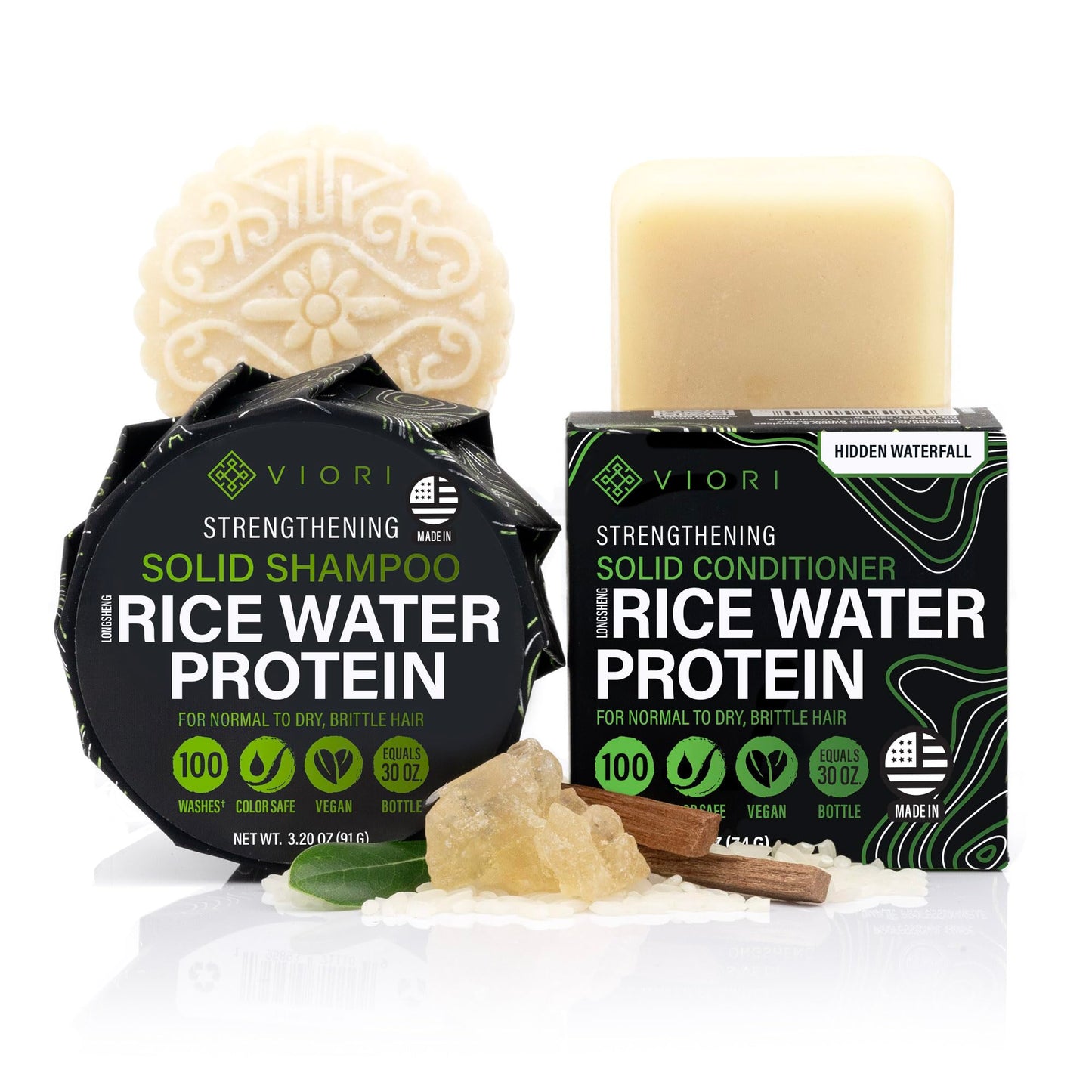 Viori Hidden Waterfall Shampoo and Conditioner Bar Set Made with Rice Water - Handcrafted Sulfate Free Shampoo and Conditioner