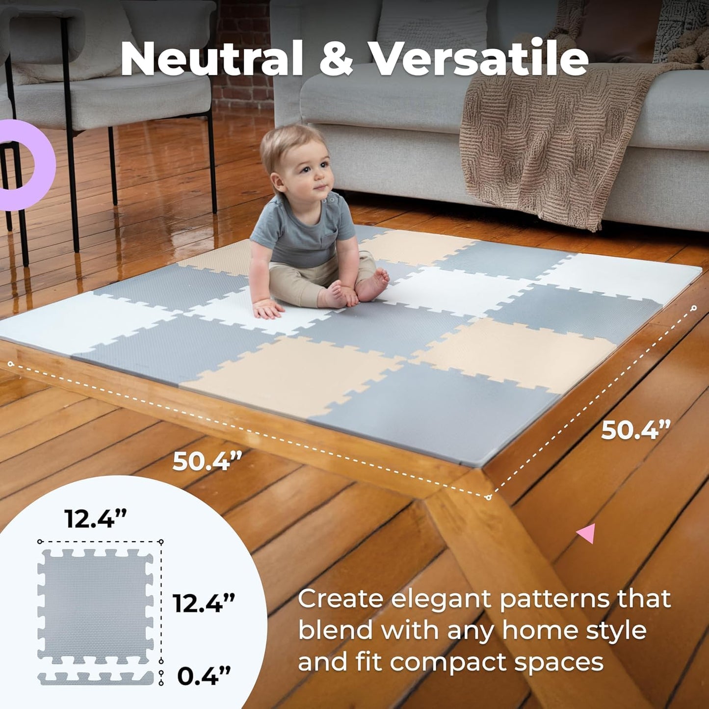 MioTetto Foam Floor Tiles for Kids – Non-Toxic Soft Play Mat for Babies 6-12 Months, Interlocking Tiles Fit 50x50 Playpen, Safe for Crawling