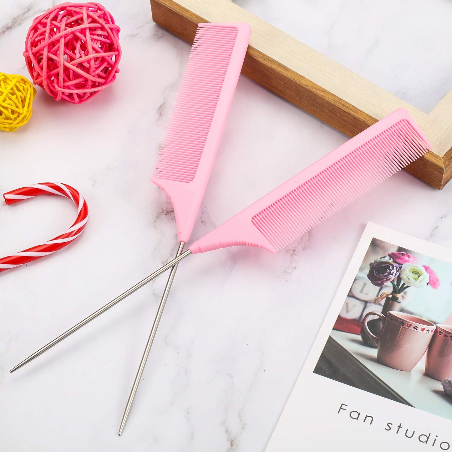 3 Pack 9-Inch Rat Tail Combs – Carbon Fiber Heat Resistant Teasing Combs with Metal Pick for Styling, Parting & Sectioning, Fine Tooth, Lightweight