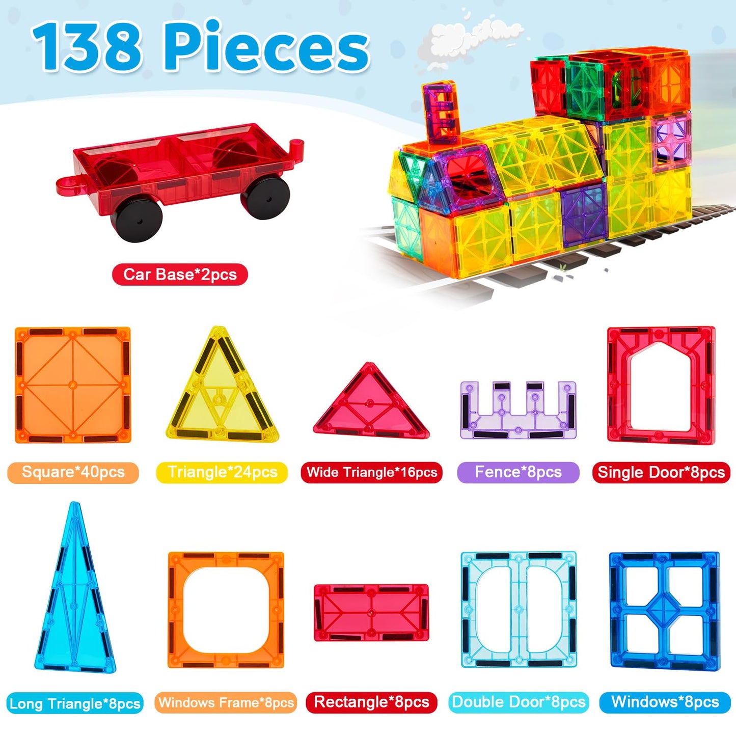 Ryoichi 138PCS Magnetic Building Tiles Set with 2 Cars, STEM Educational Construction Blocks & Montessori Learning Toys for Kids Ages 3-9+ Years
