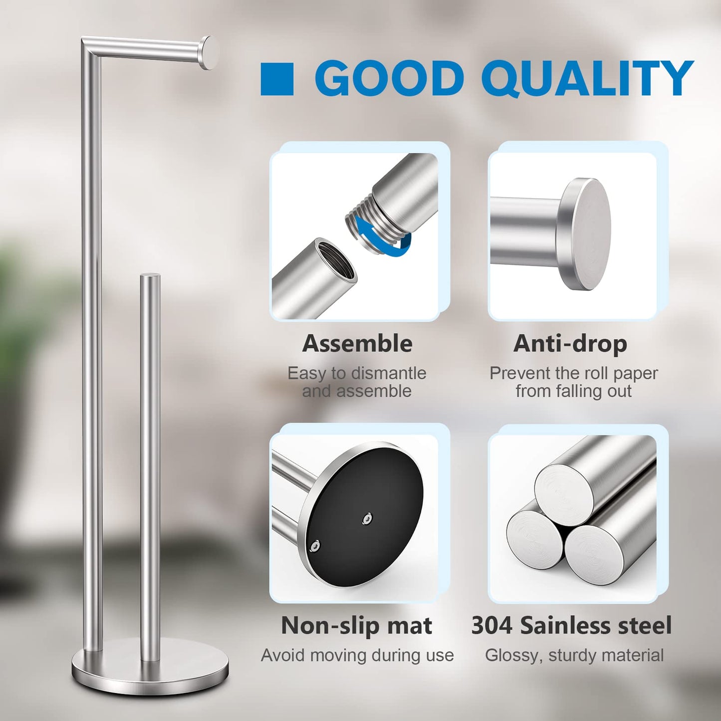 Toilet Paper Holder Stand, Toilet Paper Stand Brushed Nickel, Free Standing Toilet Paper Holder, Toilet Paper Storage by Bathth