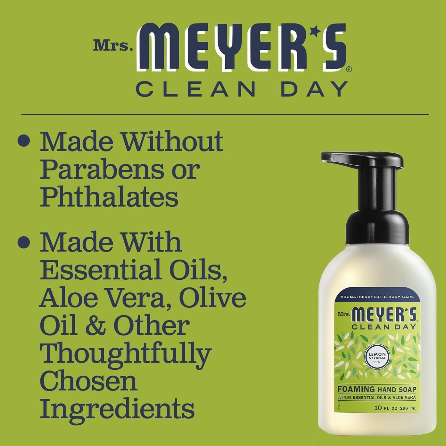 MRS. MEYER'S CLEAN DAY Foaming Hand Soap, Biodegradable Formula, Lemon Verbena, 10 oz
