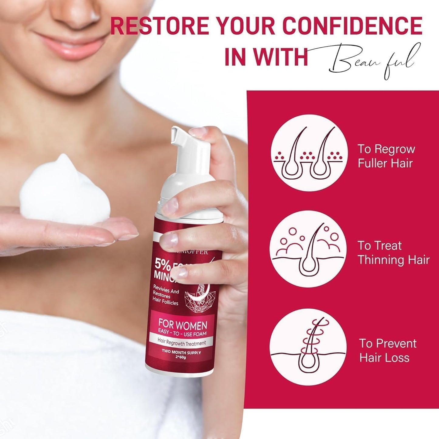 Yzmoffer 5% Minoxidil Foam for Women – Hair Regrowth Treatment to Reduce Thinning & Hair Loss, Nourish Scalp for Thicker, Fuller Hair, 2 x 60g