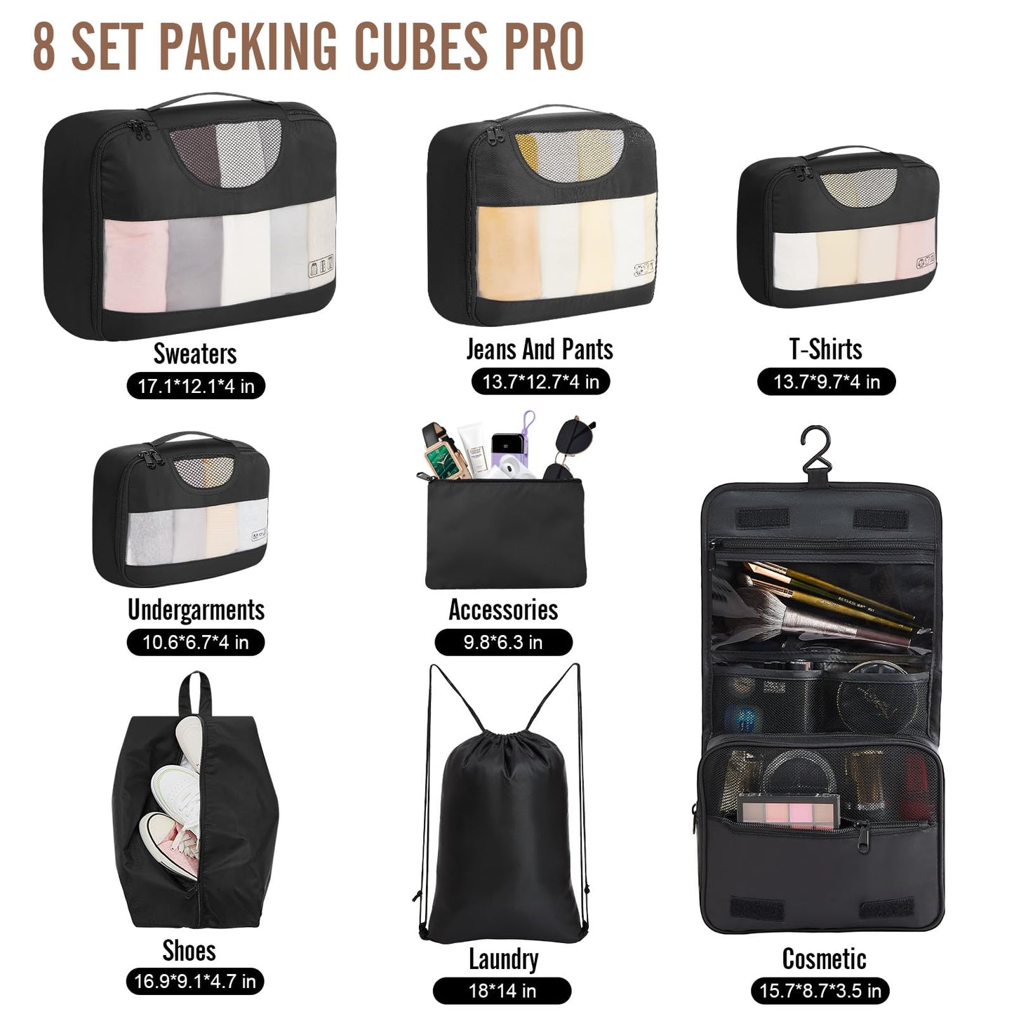 Veken 8 Set Packing Cubes for Travel – Luggage Organizer Bags w/ Laundry & Toiletry Bag, Perfect for Airplane, Road Trip, Camping