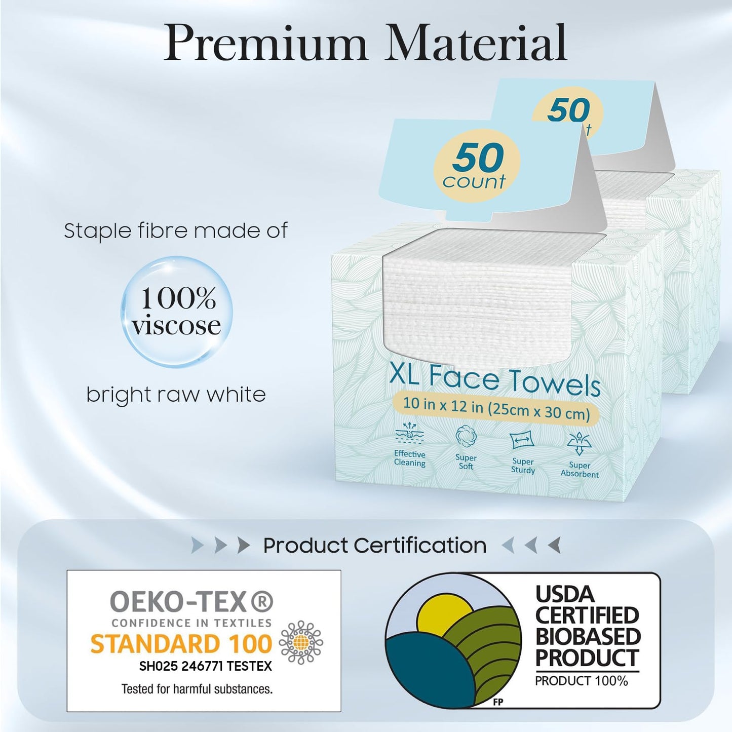 Fygrip XL Disposable Face Towels, 10"x12", 100 Count (2 Boxes), Soft 100% Viscose, Skin-Friendly Facial Wipes for Women Cleansing