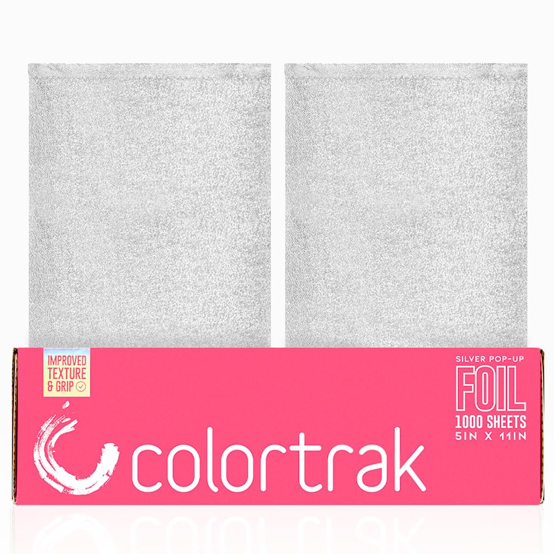 Colortrak Embossed Silver Aluminum Foil Sheets 5x11, 1000 Pre-Cut Pop-Up Dispenser, Non-Slip Textured Foil for Hair Coloring & Highlights