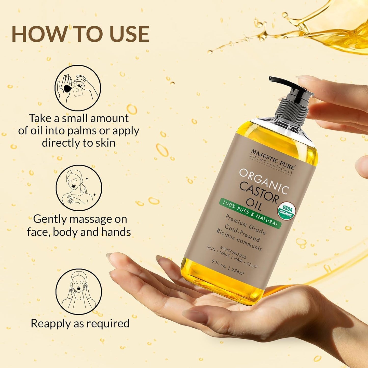 Majestic Pure Organic Castor Oil – 100% Pure, Cold Pressed & Hexane Free – USDA Certified, Moisturizes Hair, Lashes, Brows & Nails, 8 Fl Oz