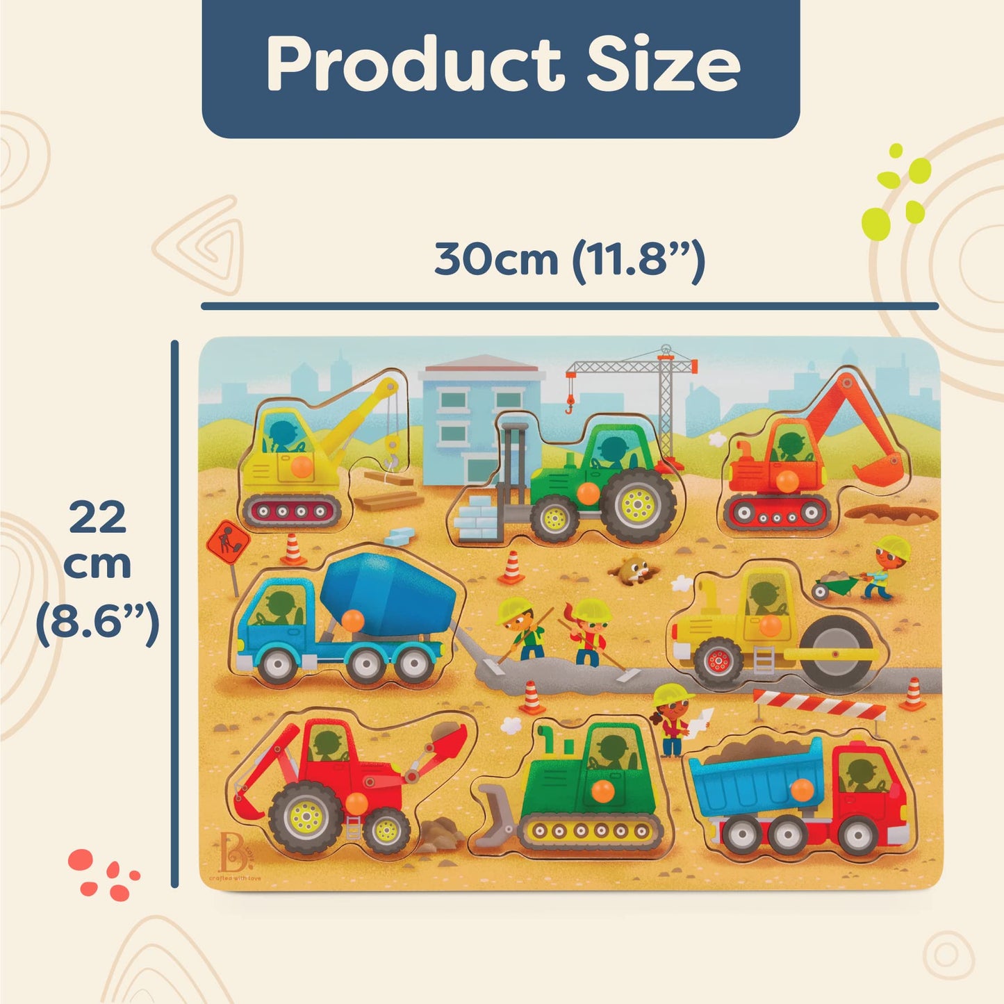 B. toys Peek & Explore Construction Trucks – Wooden Peg Puzzle with 8 Pieces: Dump Truck, Cement Mixer, Excavator & More – Toddler Toy 2+