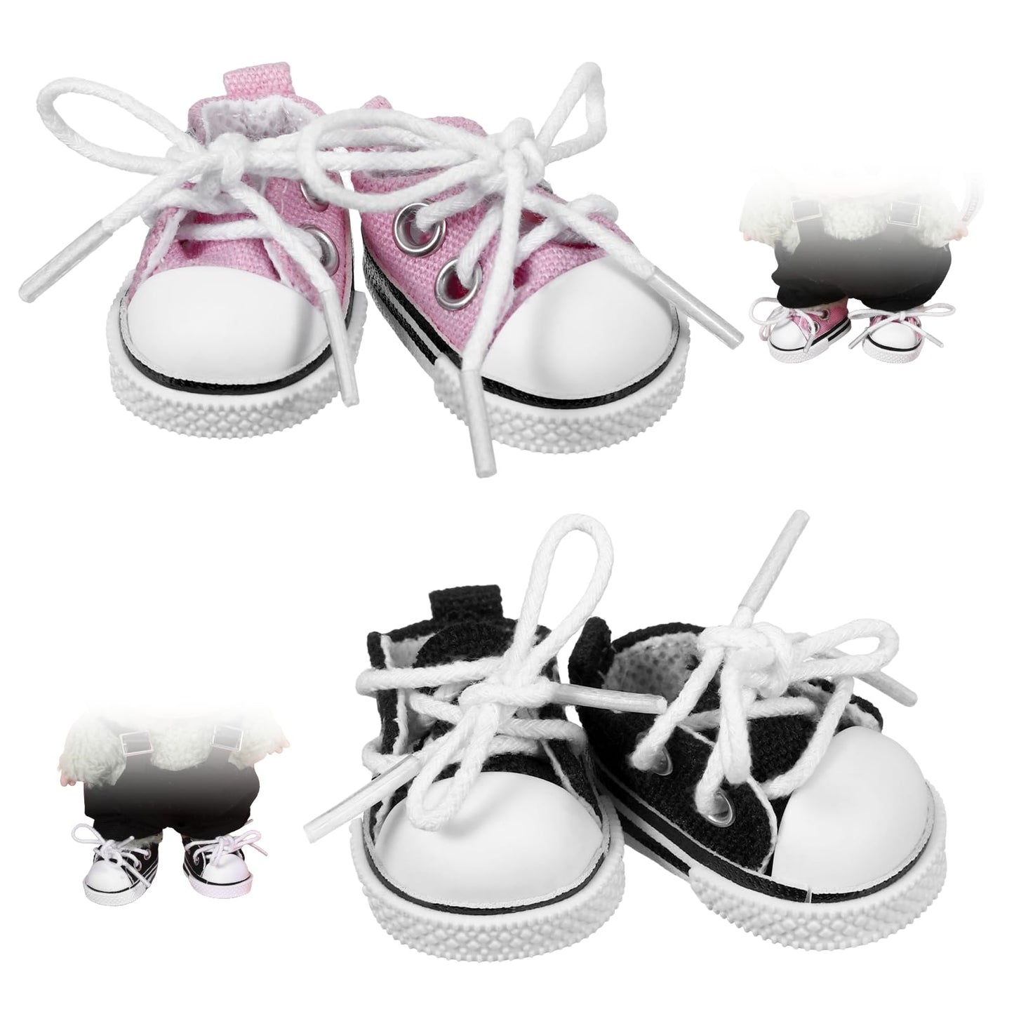 2 Pcs Mini Doll Shoes for 17cm Dolls, Cute Black & Pink Canvas Sneakers, 5.9in Doll Accessories, Doll Not Included