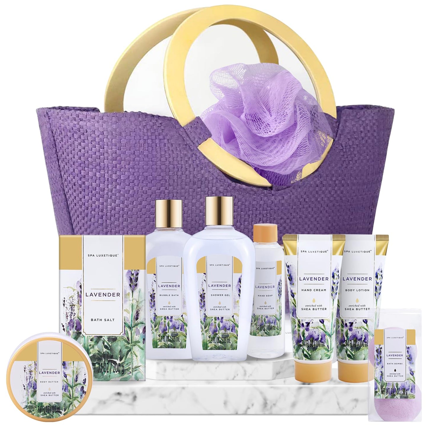 Spa Luxetique Gift Basket for Women – 10-Piece Lavender Spa Set with Body Lotion, Bubble Bath & Relaxing Bath Gifts for Mom, Mother’s Day