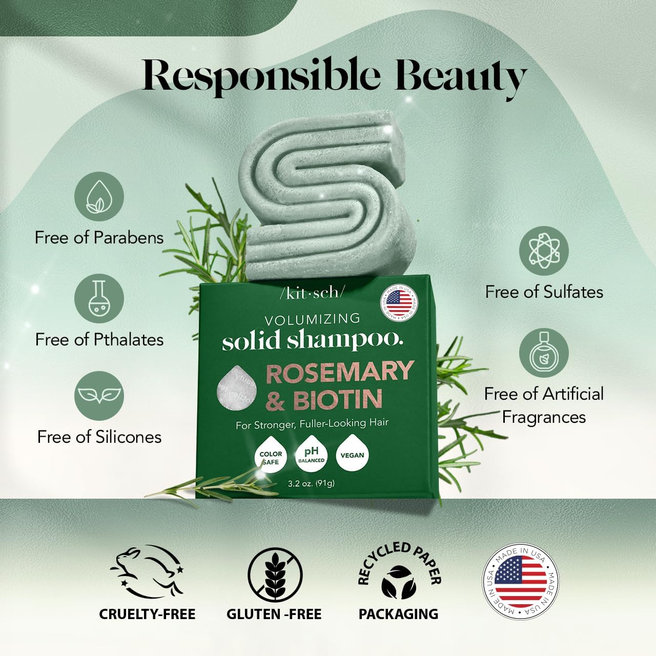 Kitsch Rosemary & Biotin Shampoo Bar 3.2 oz – Hair Growth, Strengthening & Volumizing Shampoo for Women & Men, Sulfate & Paraben Free, Made in USA