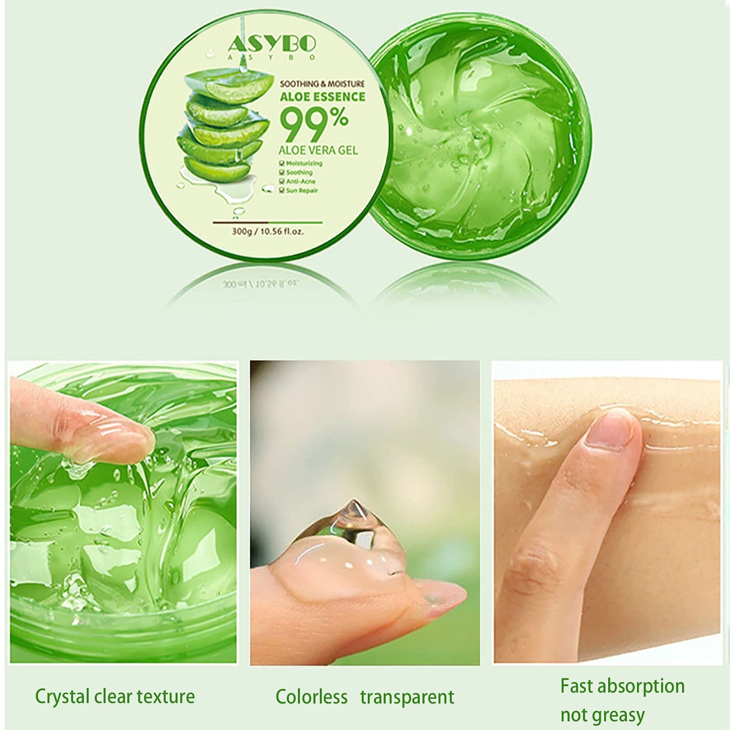 ASYBO 300 ML Natural Aloe Vera Gel -Organic Moisturizing Cream, Soothing and Hydrating, Sunburn and Scar Repair, Care for Face Body Hair
