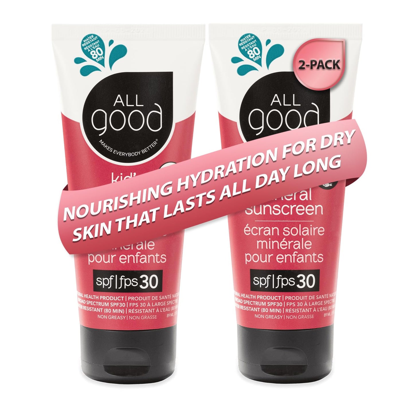 All Good Baby & Kids Sunscreen Lotion SPF 30, Zinc Oxide, Coral Reef Friendly, Water Resistant, Face & Body, 3 oz, 2-Pack