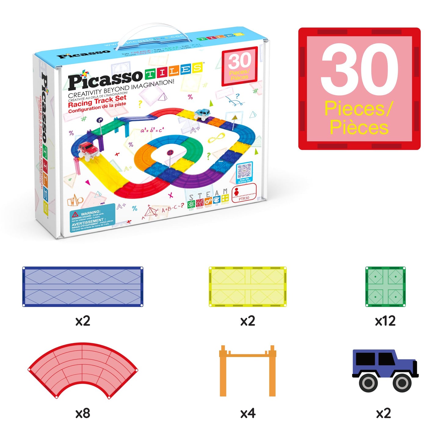 PicassoTiles Magnetic Tiles Race Track Playset with 2 Racing Trucks – STEM Building Blocks Toy for Toddlers, Boys & Girls 3+ PTR30