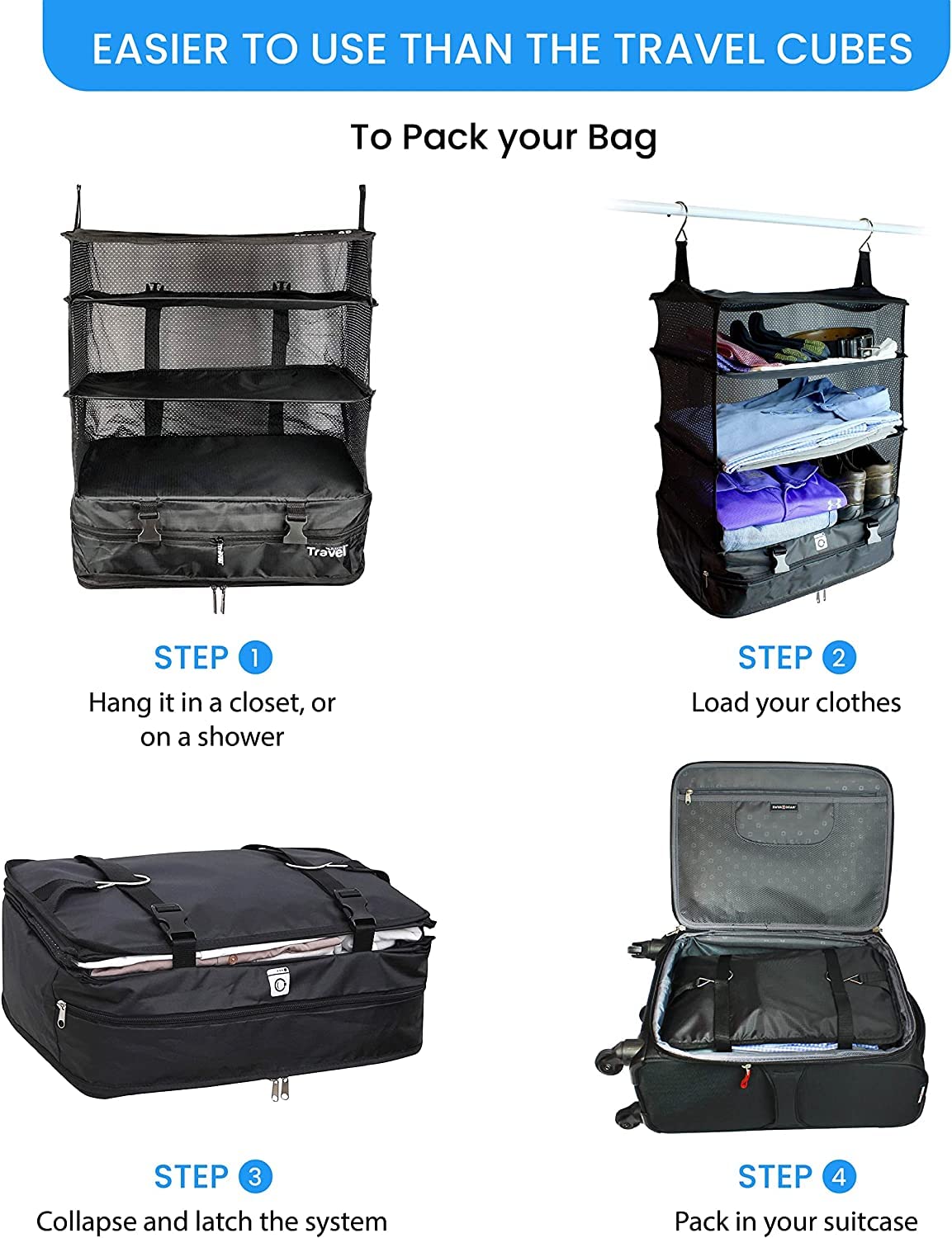 Grand Fusion Stow-N-Go Travel Luggage Organizer XL – Portable Hanging Packing Cubes & Carry-On Closet Organizer for Cruises & Hotels, Black