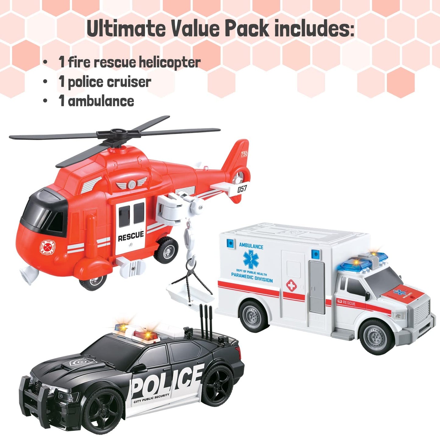 Vokodo 3-Pack City Guardians Friction Vehicles Toy Set – Fire Rescue Helicopter, Police Car & Ambulance Truck for Kids Ages 3-6