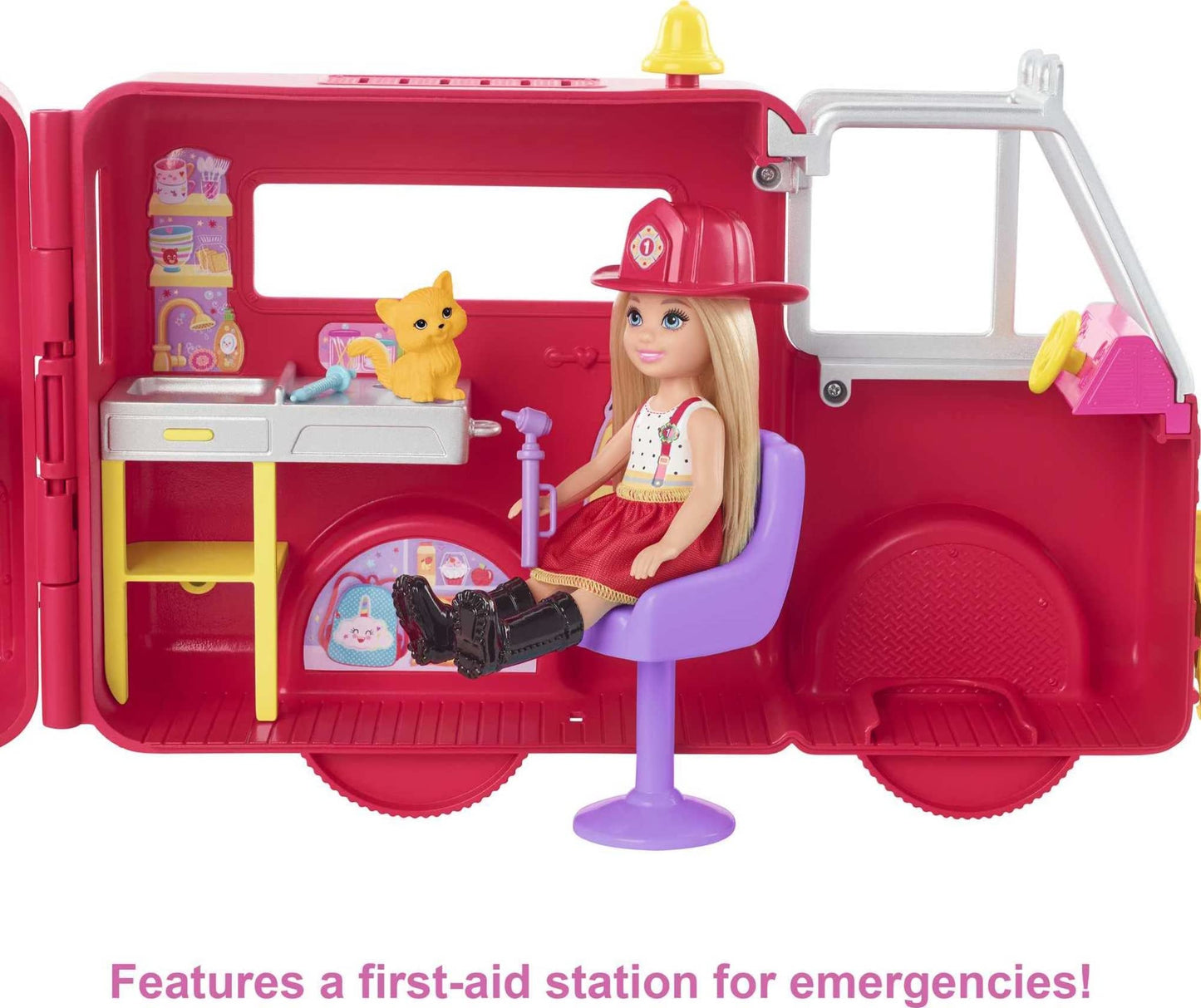 Barbie Chelsea Can Be Doll & Toy Fire Truck Playset with Blonde Small Doll, 2 Pets & 15+ Acessories, Open for Fire Station